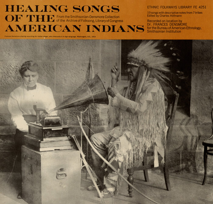 A 1965 album cover featuring anthropologist Frances Densmore and Mountain Chief (Ninastoko), chief of the Blackfoot people.